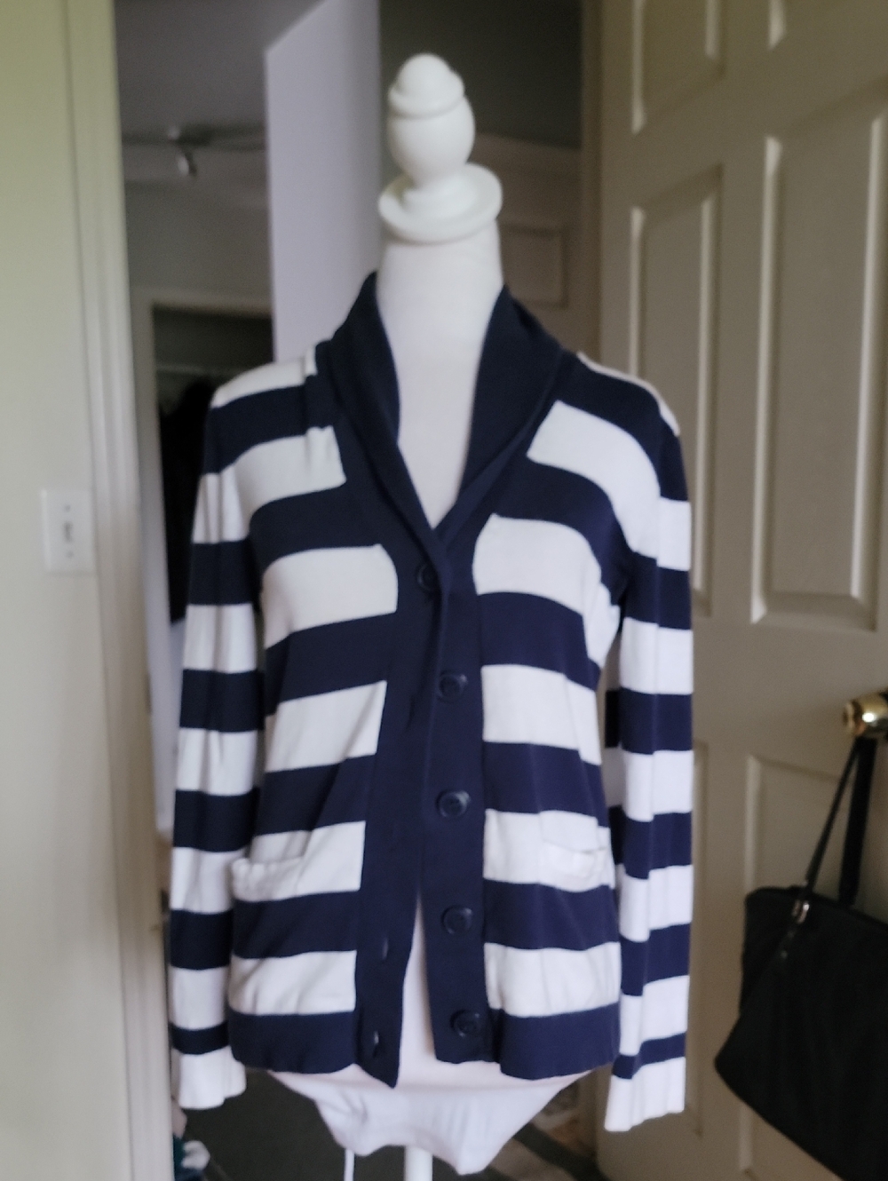 Heritage Collection By Bass Navy and White Striped Button-Up Cardigan